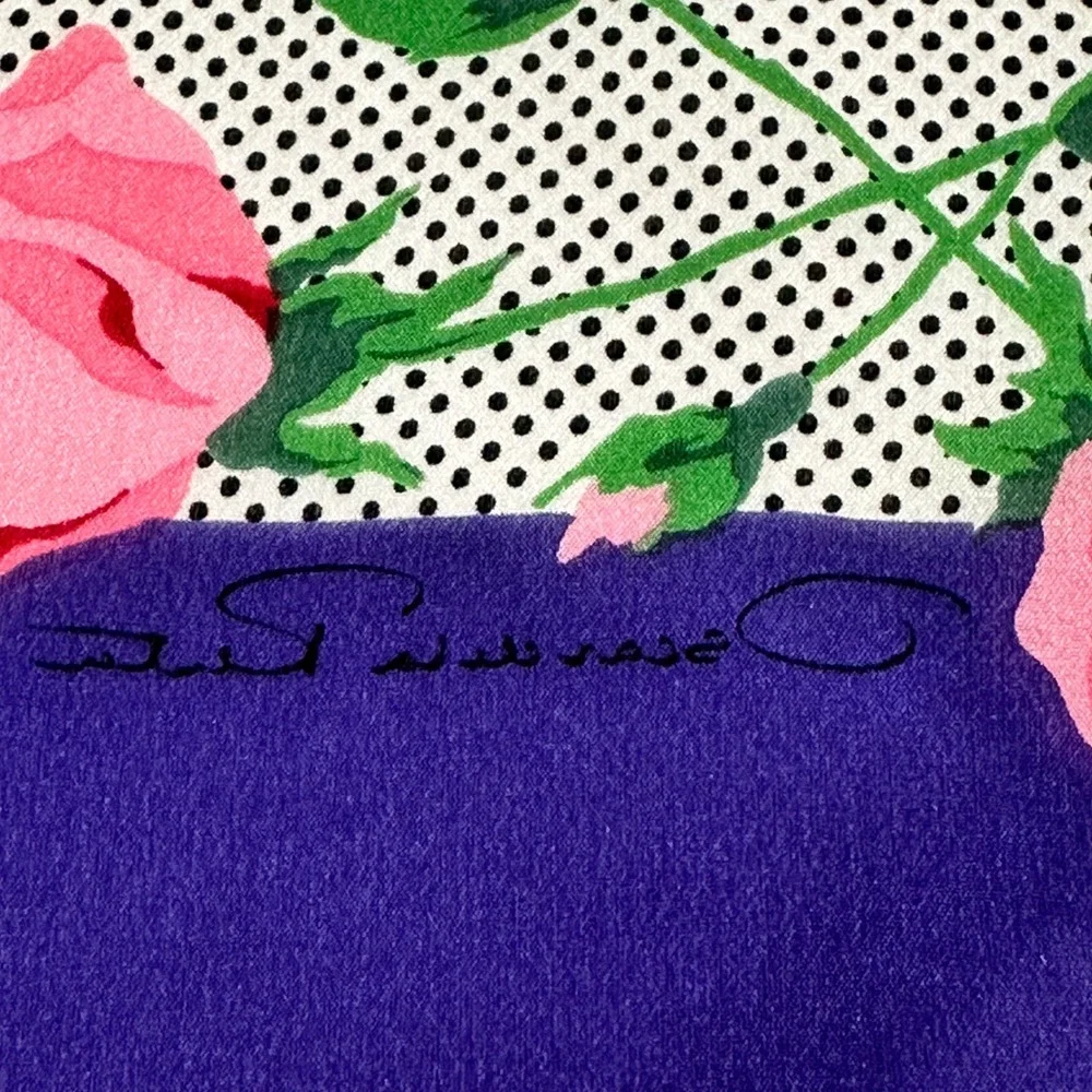 Oscar de la Renta Silk Scarf Floral Rose Polka Dot Purple Border Made in Japan